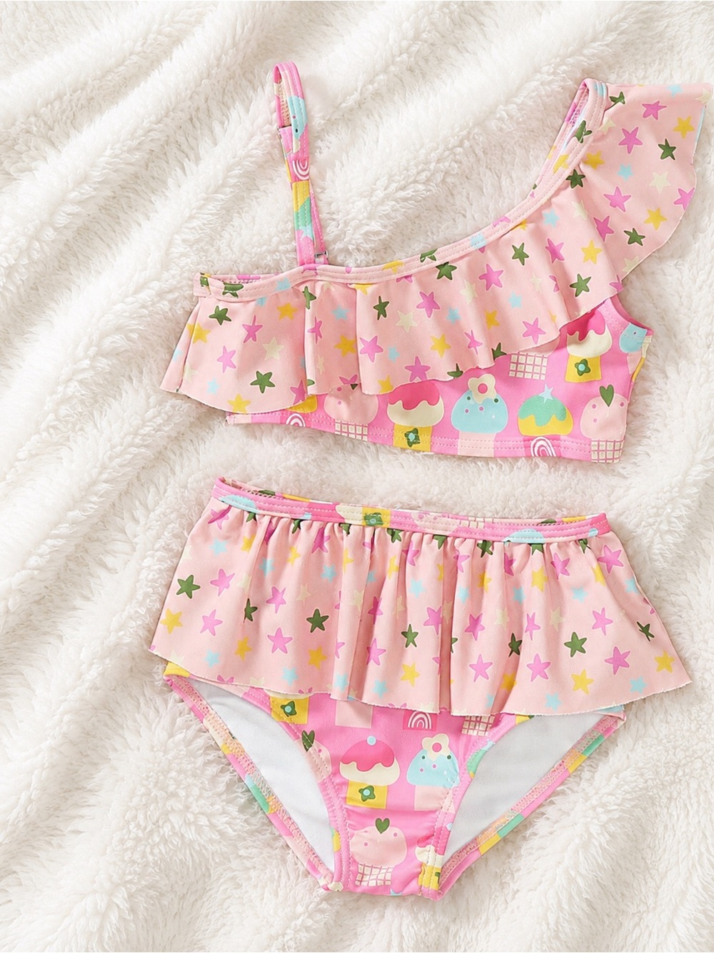 Girls' Pink Star & Cupcake Ruffle One-Shoulder Swim One Piece